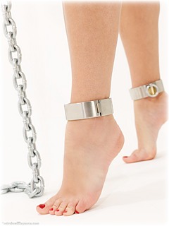 Bondage photo pic picture Jenny B barefoot, shackles, leg irons, chains, lingerie, metal bondage, collar, ungagged