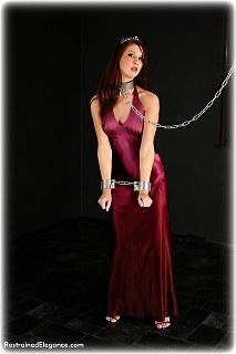Bondage photo pic picture Jenny Lang ballgown, barefoot, satin, humiliation, shackles, silk, leg irons, chains, metal bondage, collar, nude