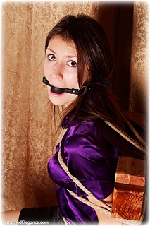 Bondage photo pic picture Juliana ballgag, rope bondage, barefoot, satin, blouse, silk, skirt