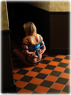 Bondage photo pic picture Katie Thornton barefoot, bit gag, blonde, lingerie, ungagged, rope bondage