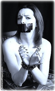 Bondage photo pic picture Molly Matthews ballgown, barefoot, satin, humiliation, chains, metal bondage, tape gag, nipple clamps, foot torture