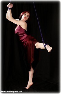 Bondage photo pic picture Morrigan Hel ballgag, rope bondage, barefoot, satin, silk, suspension