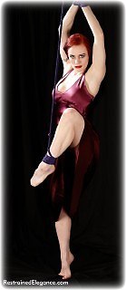 Bondage photo pic picture Morrigan Hel ballgag, rope bondage, barefoot, satin, silk, suspension