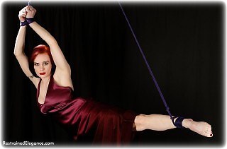 Bondage photo pic picture Morrigan Hel ballgag, rope bondage, barefoot, satin, silk, suspension