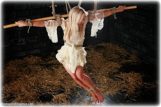 Bondage photo pic picture Paige Robbins ballgown, rope bondage, barefoot, suspension