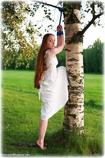 Bondage photo pic picture Pling ballgown, rope bondage, barefoot, suspension, outdoor