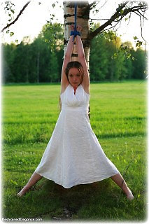 Bondage photo pic picture Pling ballgown, rope bondage, barefoot, suspension, outdoor