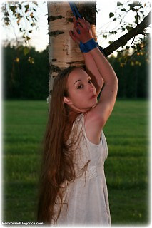 Bondage photo pic picture Pling ballgown, rope bondage, barefoot, suspension, outdoor