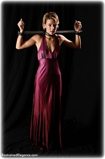 Bondage photo pic picture Sabrina ballgown, satin, shoes, silk, metal bondage