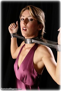 Bondage photo pic picture Sabrina ballgown, satin, shoes, silk, metal bondage