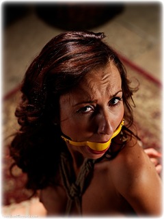Bondage photo pic picture Sophia Smith ballgag, rope bondage, barefoot, brunette, nude, frogtie