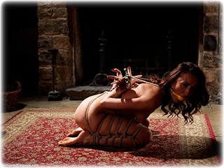 Bondage photo pic picture Sophia Smith ballgag, rope bondage, barefoot, brunette, nude, frogtie