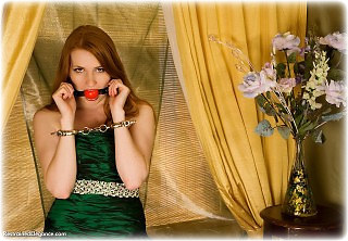 Bondage photo pic picture Vasilisa ballgag, ballgown, barefoot, handcuffs, satin, silk, metal bondage