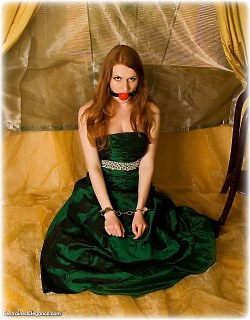 Bondage photo pic picture Vasilisa ballgag, ballgown, barefoot, handcuffs, satin, silk, metal bondage