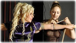 Bondage photo pic picture Chanta Rose and Hannah barefoot, rope bondage, satin, chinese dress, suspension