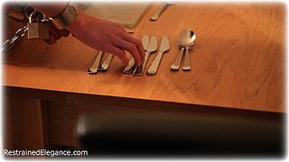 Bondage photo pic picture Katy Cee barefoot, bit gag, shackles, leg irons, slave training, chains, lingerie, metal bondage, collar