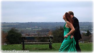 Bondage photo pic picture Sammie B ballgown, satin, barefoot, handcuffs, shoes, leg irons, metal bondage, outdoor