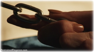 Bondage photo pic picture Sophie Nova ballgag, barefoot, bedroom, shackles, sm factory, leg irons, chains, metal bondage, collar, nude